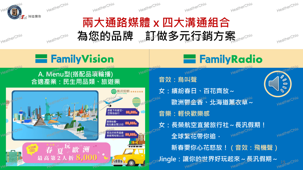 創意方案示意:以左右分欄的模板,並陳廣播與看板的廣告示例,具體化影音整合方案的應用樣貌。