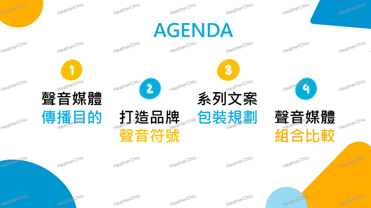 Agenda 頁:以藍橘配色與幾何色塊為裝飾,借用去趣社群視覺風格,為簡報定調。